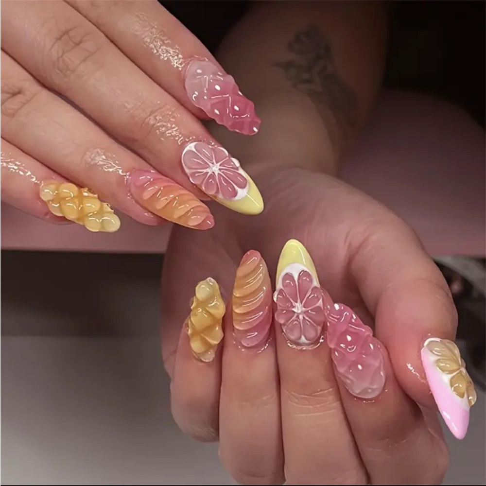 Pink & Yellow Citrus Fruit 3D Press On Nail Art Reusable 24 pc Medium NWT